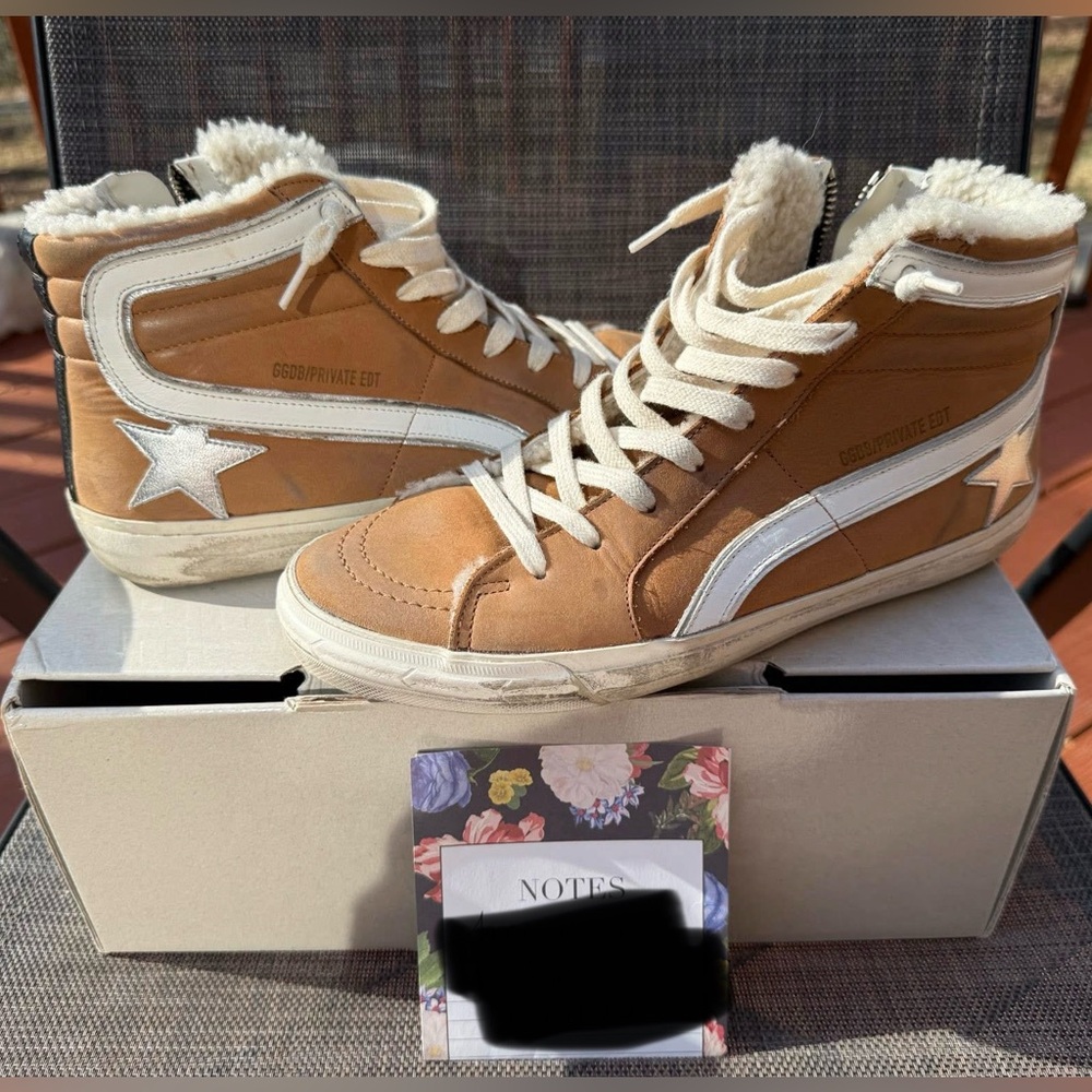 Golden Goose Cognac Leather Shearling Lined Slides Sneakers Size 39 LTD 47/300!